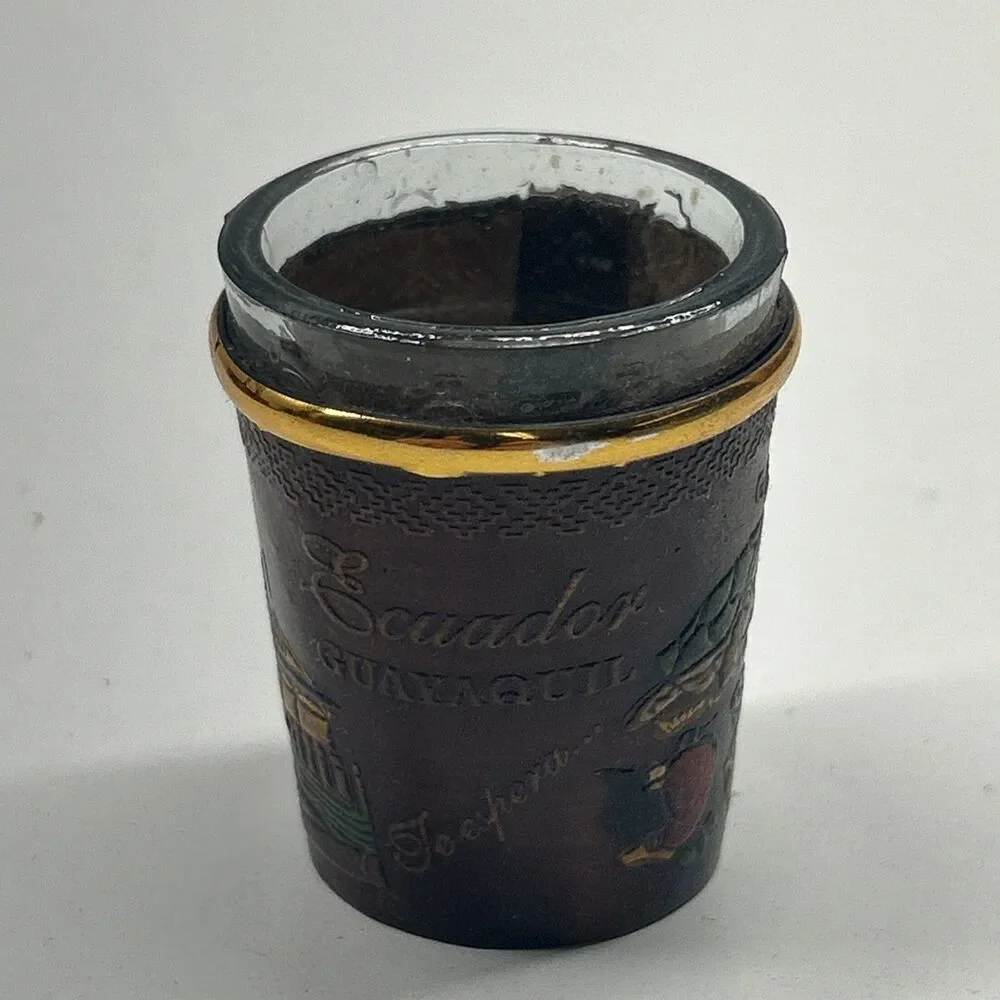 Lot Of 6 Vintage Ecuador Guayaquil Shot‎ Glasses W/ Hand Tooled Leather Sleeves